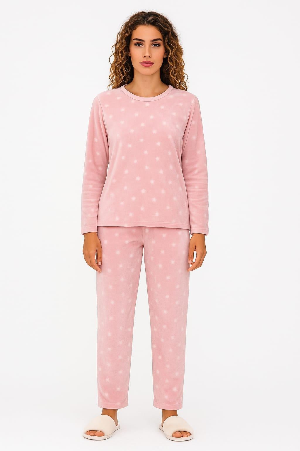 Kadın 13504-1430 Uzun Kol Kadife Pijama Takımı PEMBE