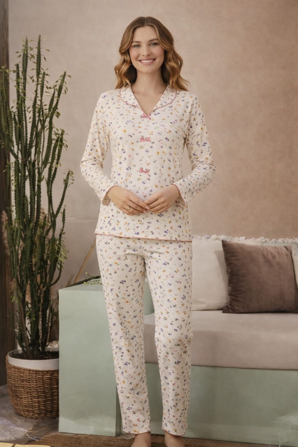 Kadın 15999 Kaşkorse Uzun Kol % 100 Pamuk Pijama Takımı