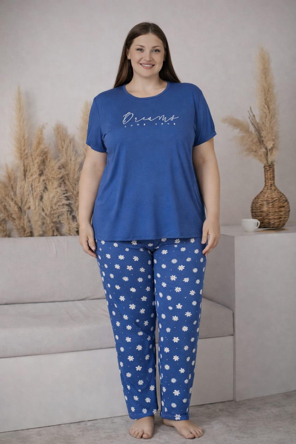 Kadın 2005-3 Kısa Kol Büyük Beden Likralı Pijama Takımı
