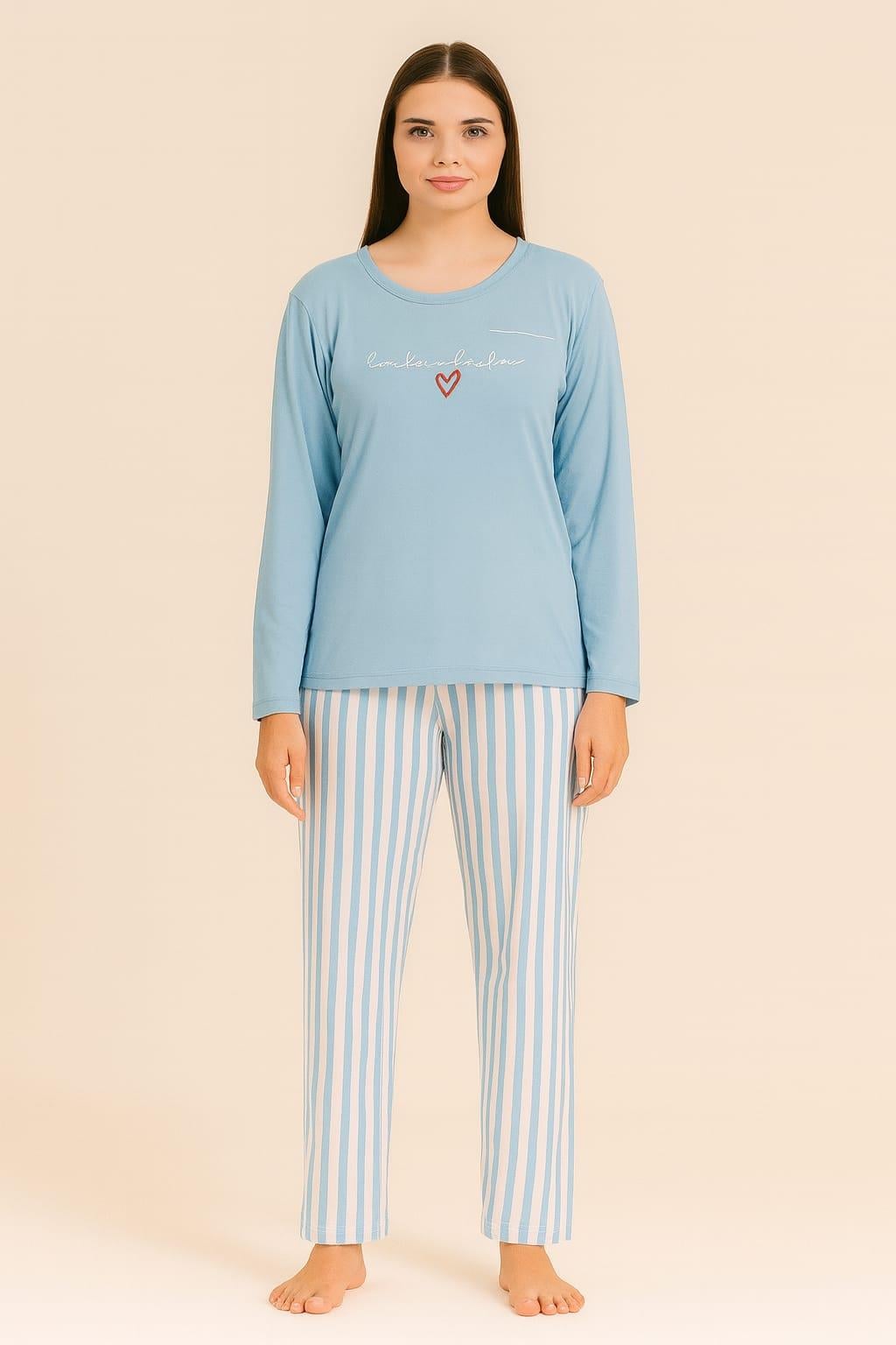 Kadın 20281 Uzun Kol Milan Pijama Takımı MAVİ