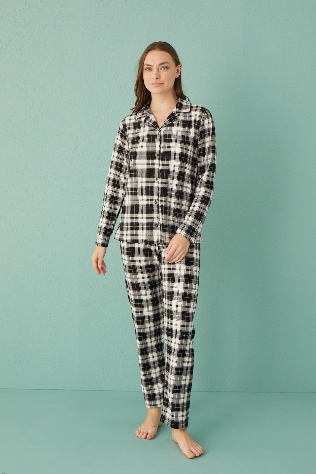 Kadın 20501-582 Uzun Kol Önü Düğmeli Süet Pijama Takımı SİYAH-BEYAZ