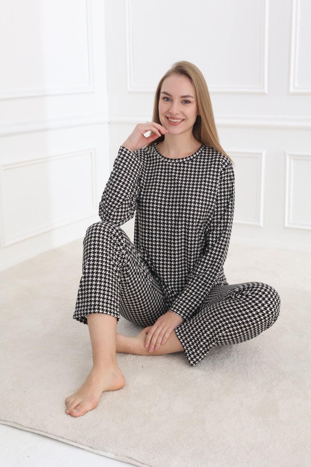 Kadın 20502-318 Uzun Kol Desenli Pijama Takımı SİYAH-BEYAZ