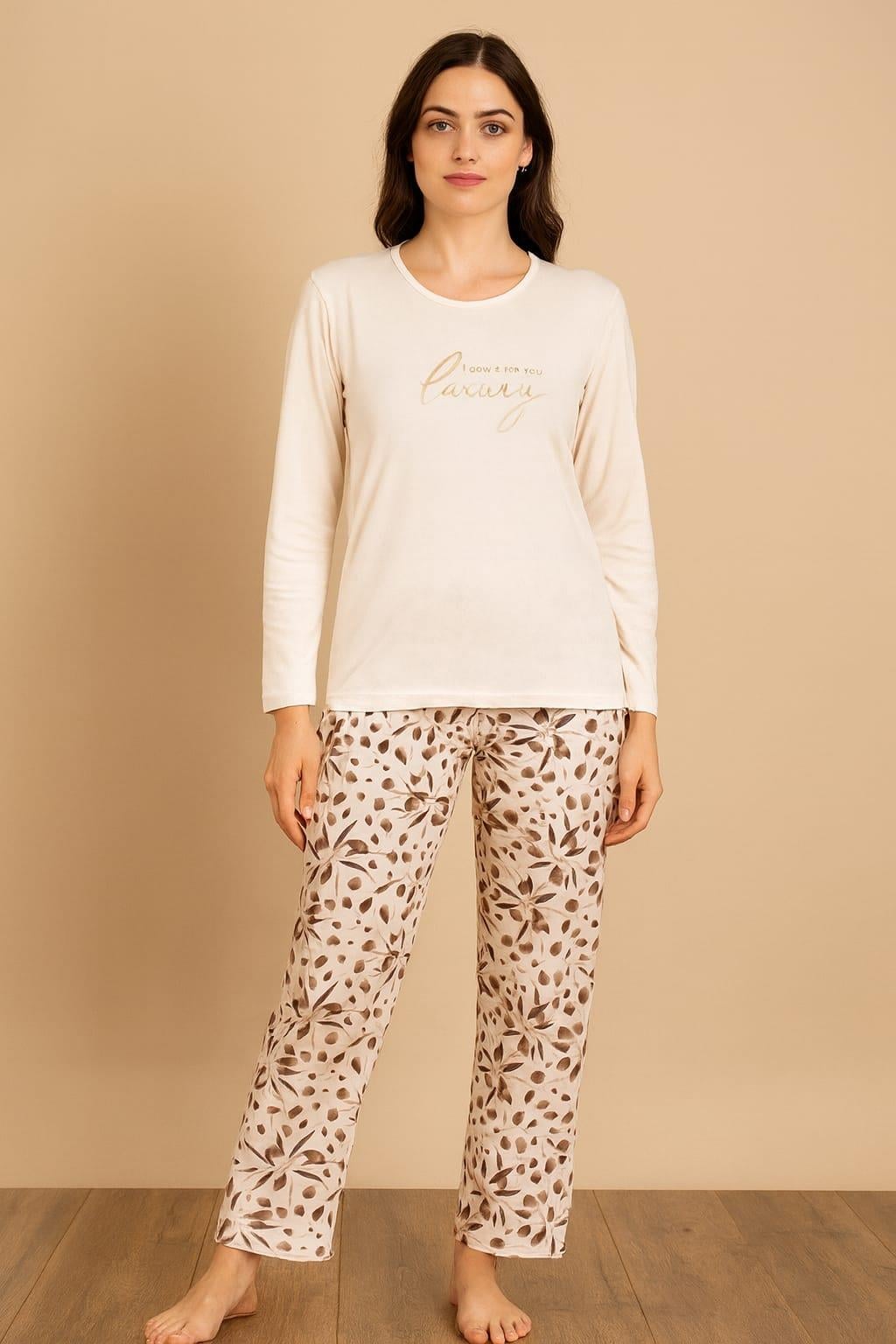 Kadın 20546 Uzun Kol Milan % 100 Pamuk Pijama Takımı bej
