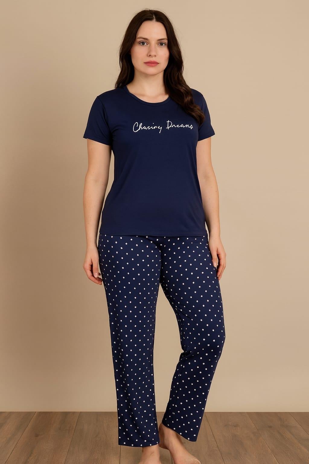 Kadın 20587 Kısa Kol Milan % 100 Pamuk Pijama Takımı LACİVERT