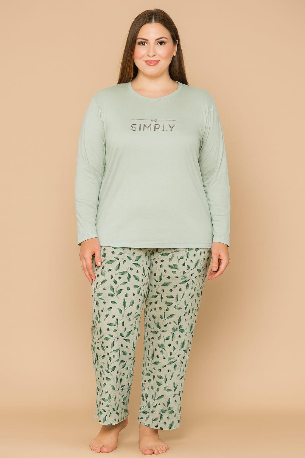 KAdın 20714 Büyük Beden % 100 Pamuk Milan Pijama Takımı YEŞİL