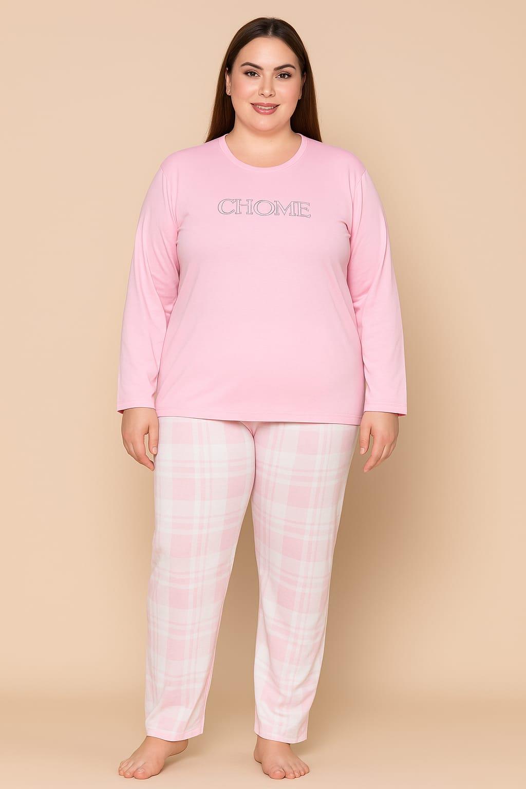 Kadın 20741 Büyük Beden % 100 Pamuk Milan Uzun Kol Pijama Takımı PEMBE
