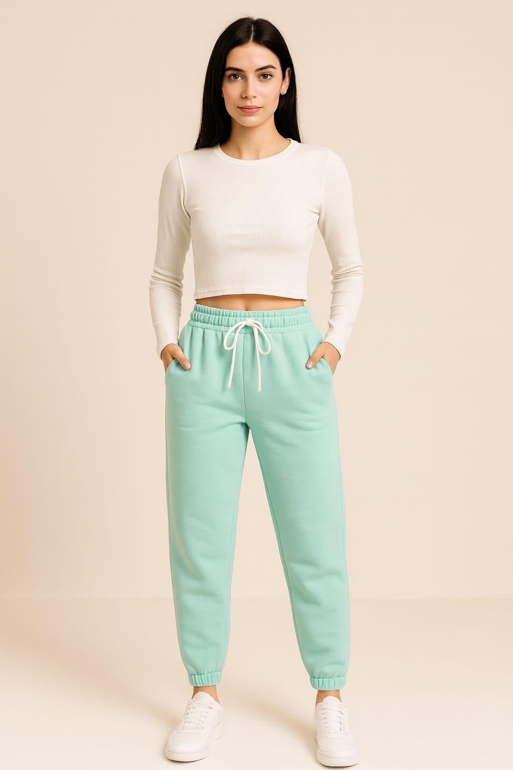 Kadın 3 İplik Cepli Alt Eşofman YEŞİL