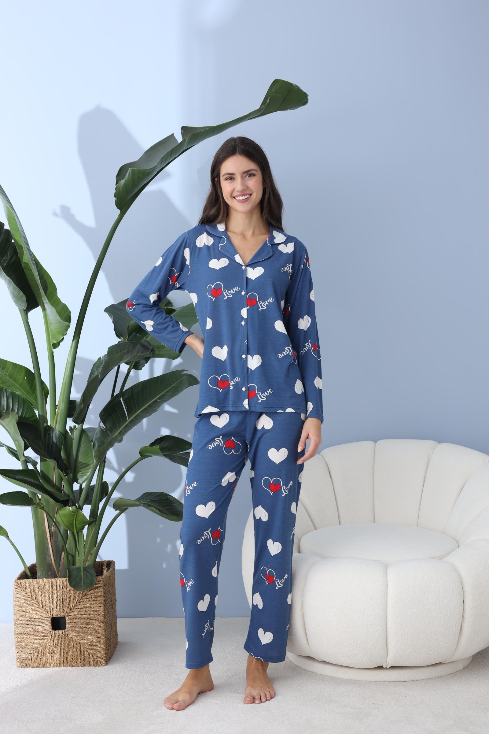 Kadın 30013 Boydan Düğmeli Uzun Kol Pijama Takımı MAVİ