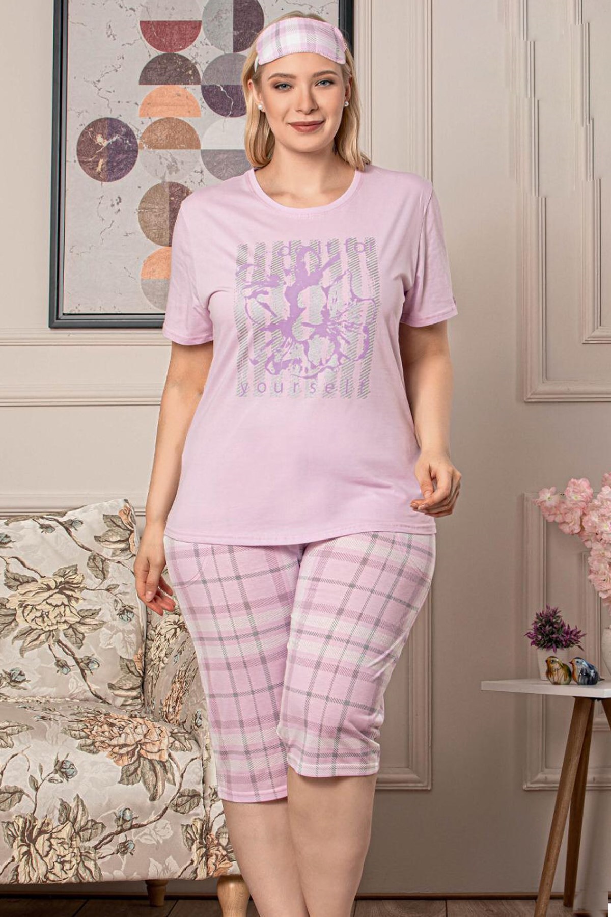 Kadın 30120-16 Büyük Beden Kaprili Pijama Takımı LİLA