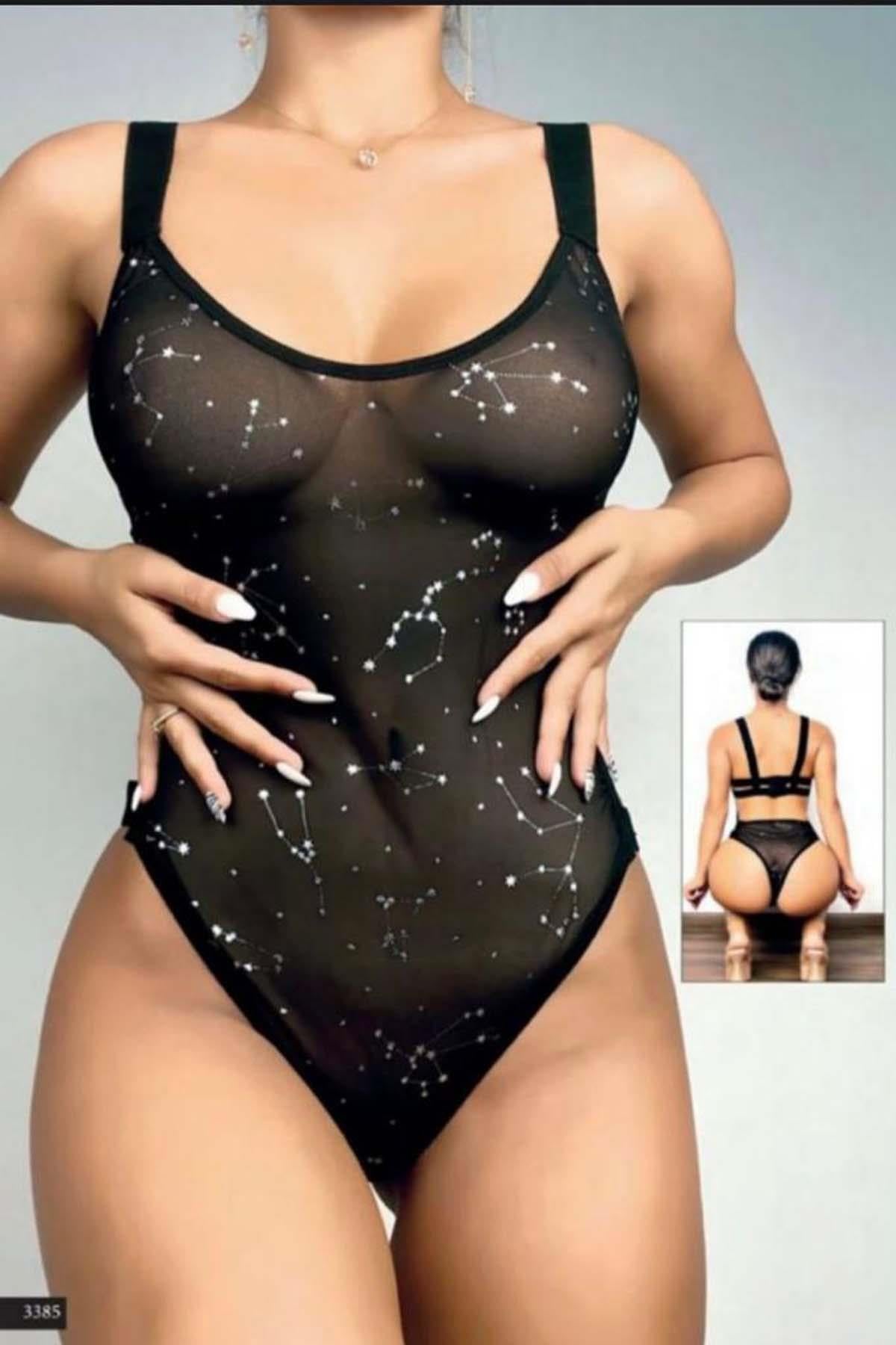 Kadın 330685 Transparan Desenli Fantezi Body