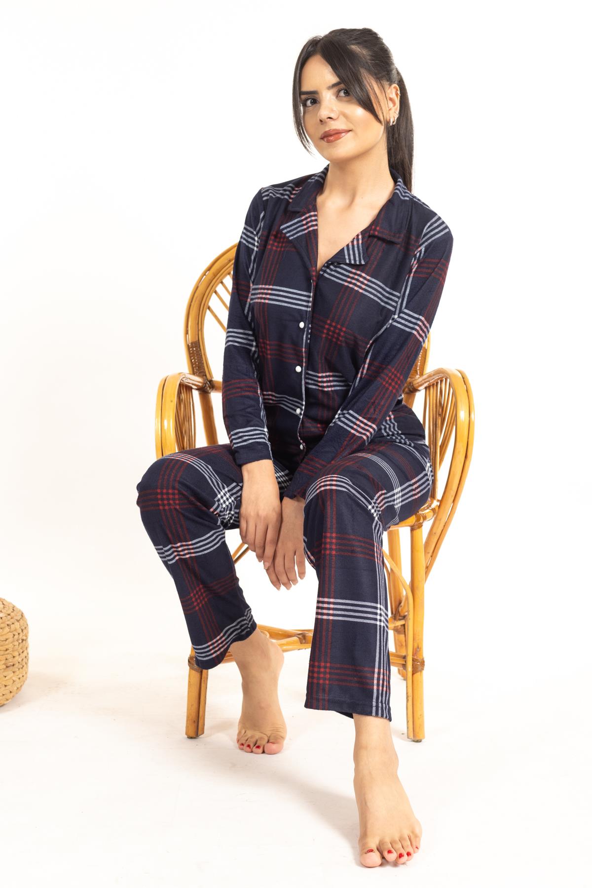 Kadın 4000-1 Boydan Düğmeli Uzun Kol Süet Pijama Takımı LACİVERT