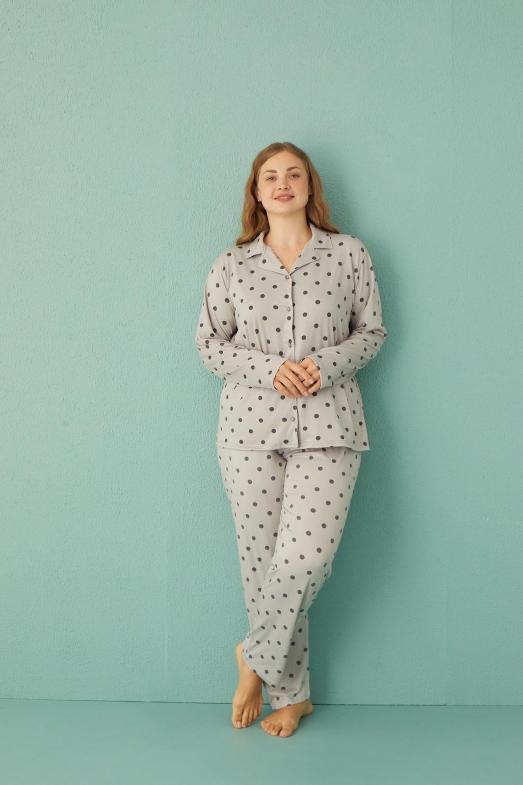 Kadın 50801-116 Büyük Beden Önü Düğmeli Pijama Takımı GRİ