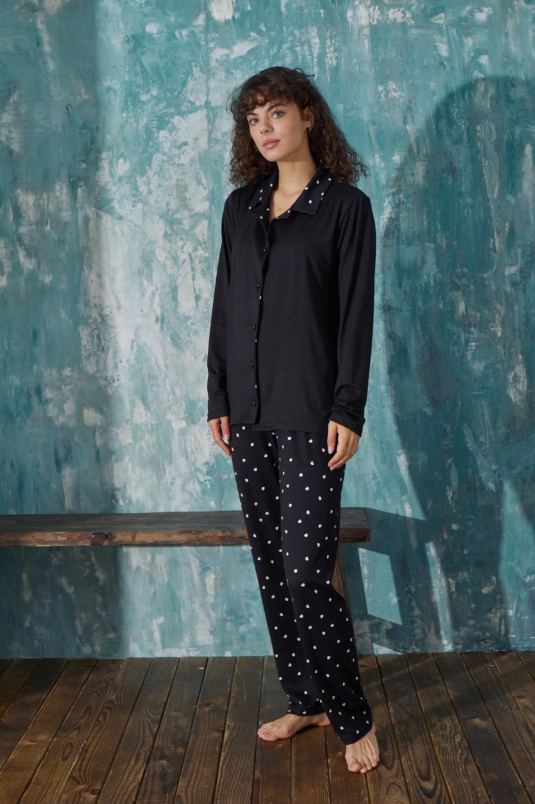 Kadın 50901-11 Boydan Düğmeli Pijama Takımı SİYAH