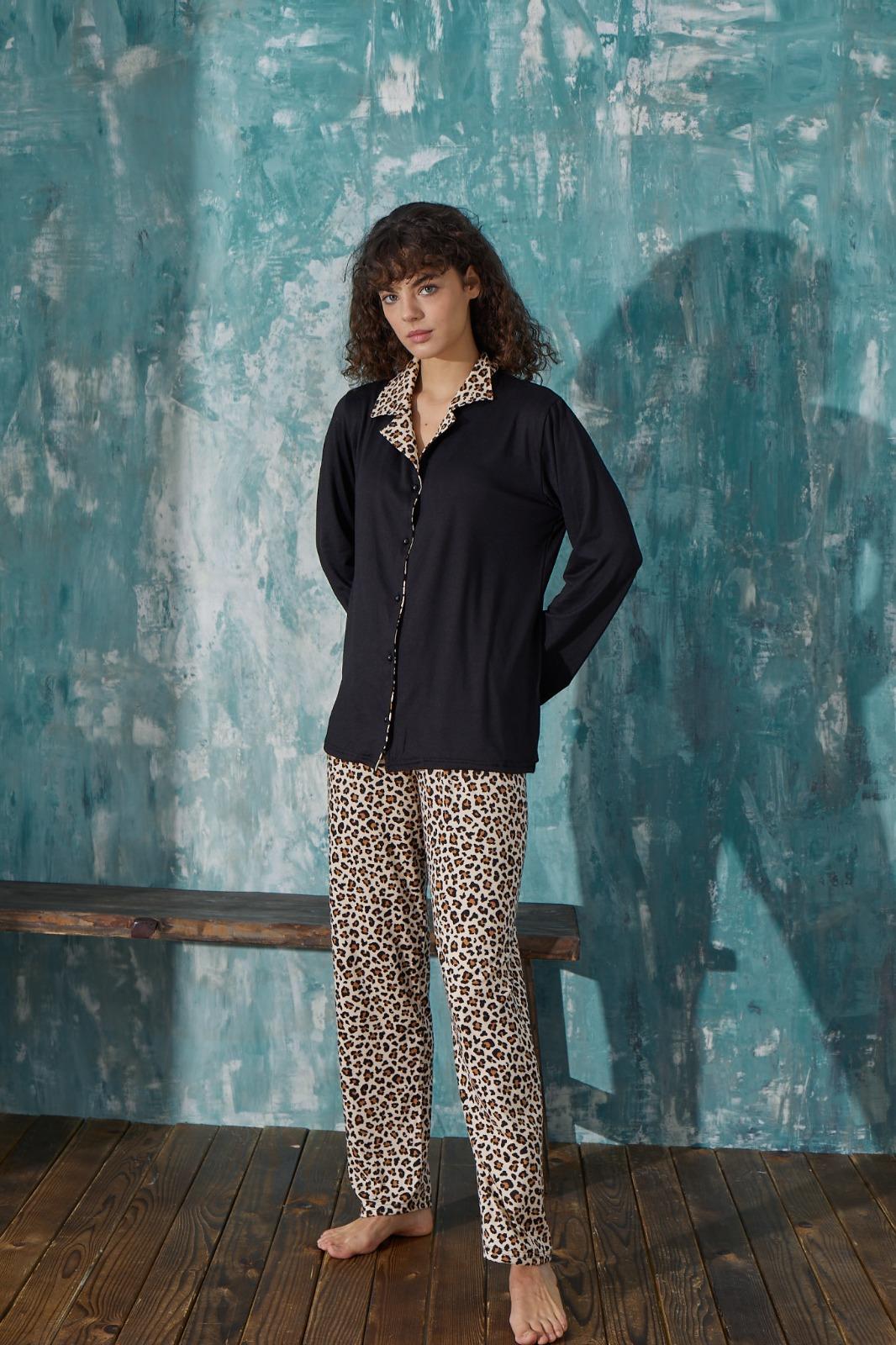 Kadın 50901-12 Boydan Düğmeli Pijama Takımı LEOPAR