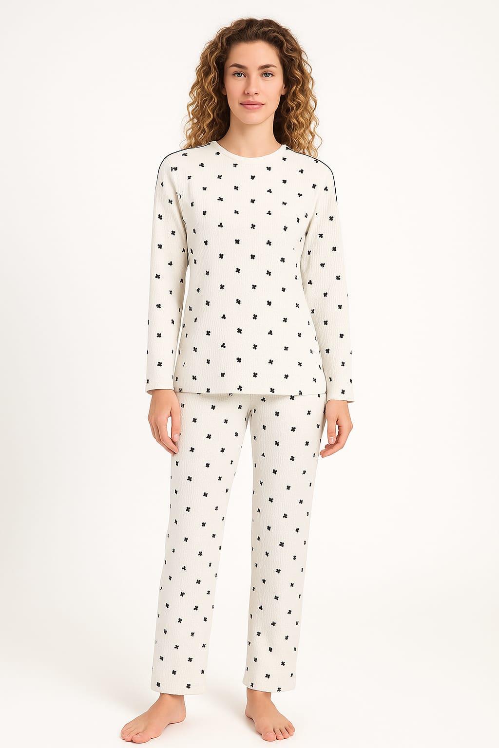 Kadın 70916 Uzun Kol Likralı Waffle Pijama Takımı BEYAZ