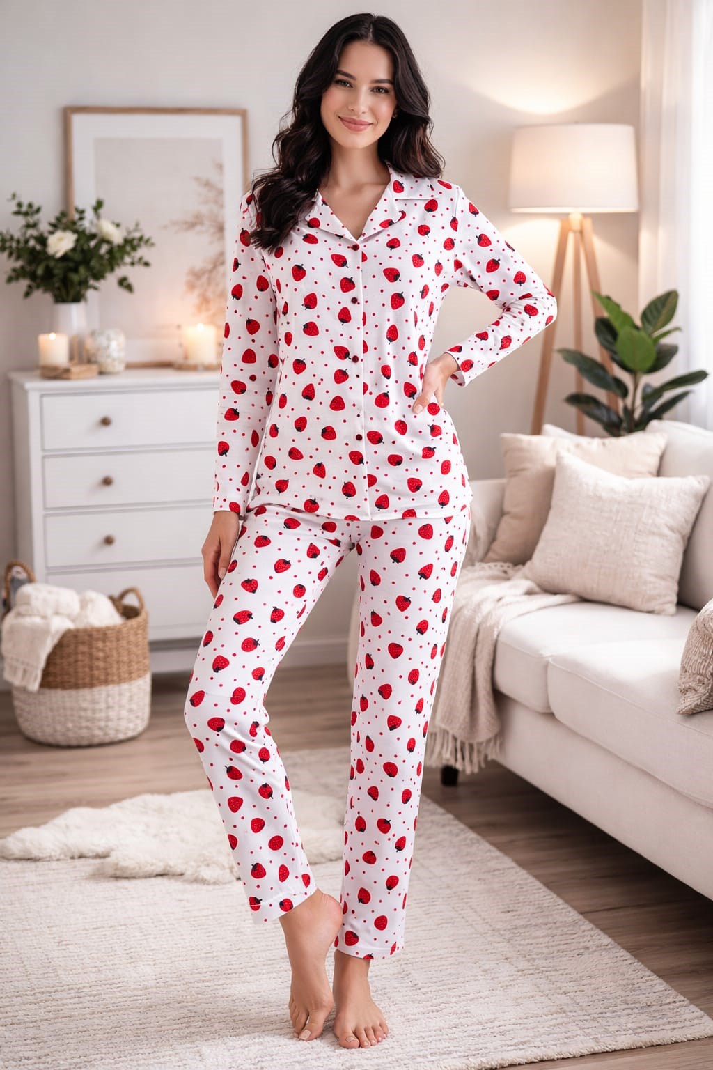 Kadın 7113 yakalı Düğmeli Uzun Kol Pijama Takımı