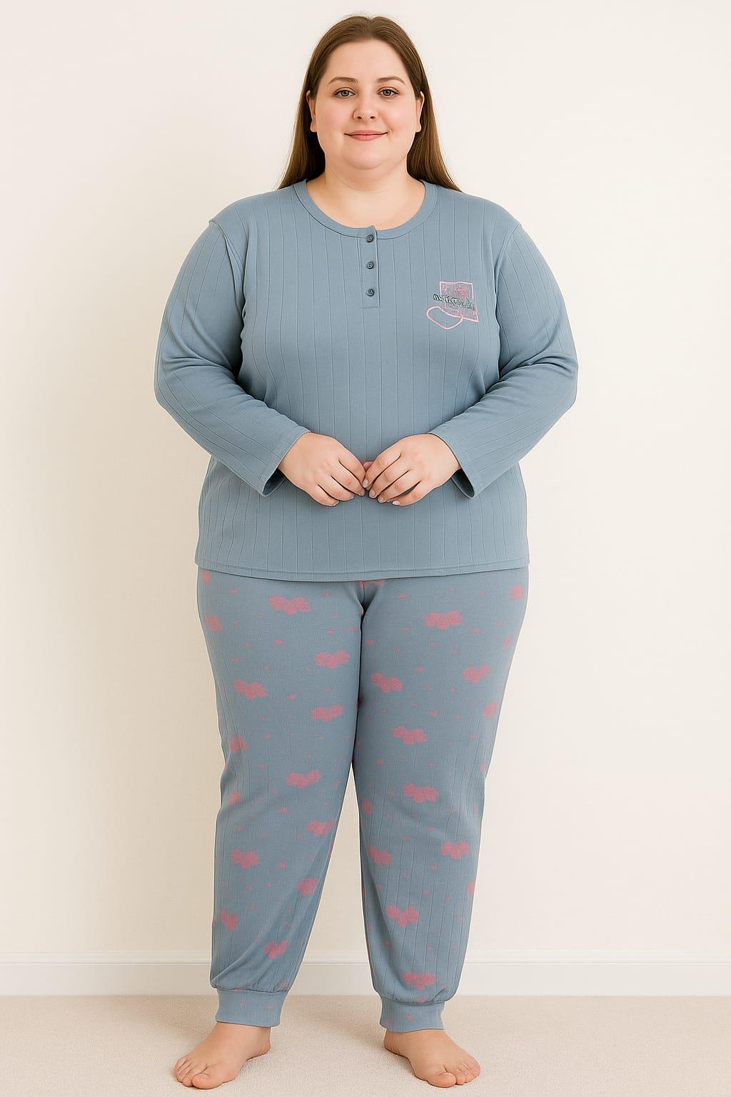 Kadın Büyük Beden 0242 Raporlu Pijama Takımı İNDİGO