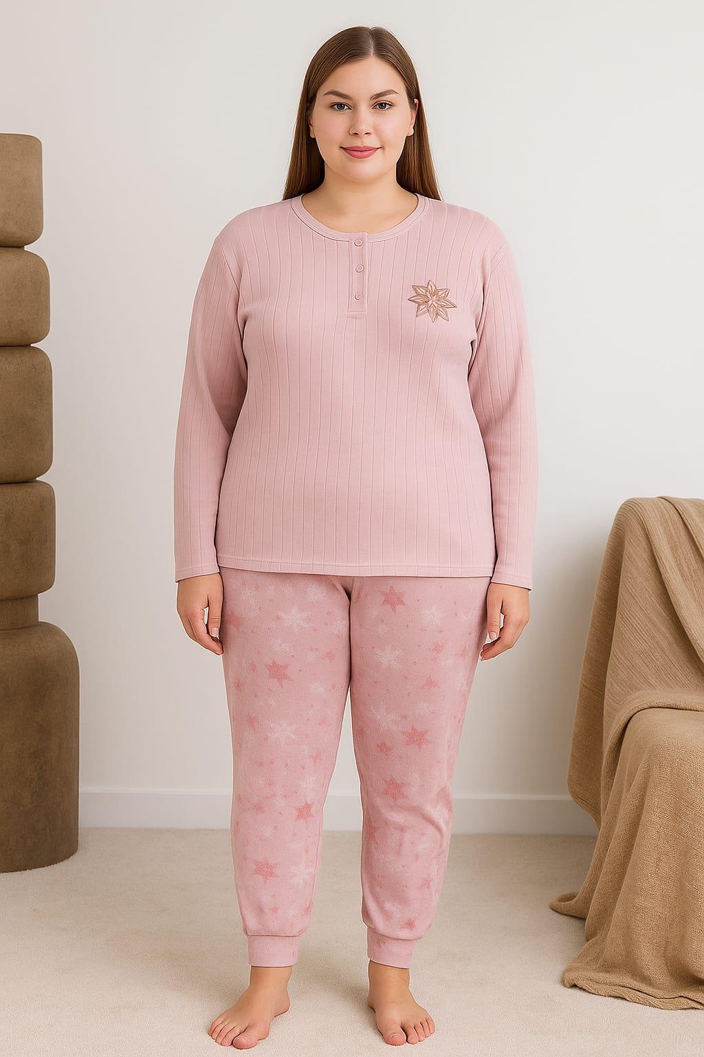 Kadın Büyük Beden 0250 Raporlu Pijama Takımı GÜL KURUSU