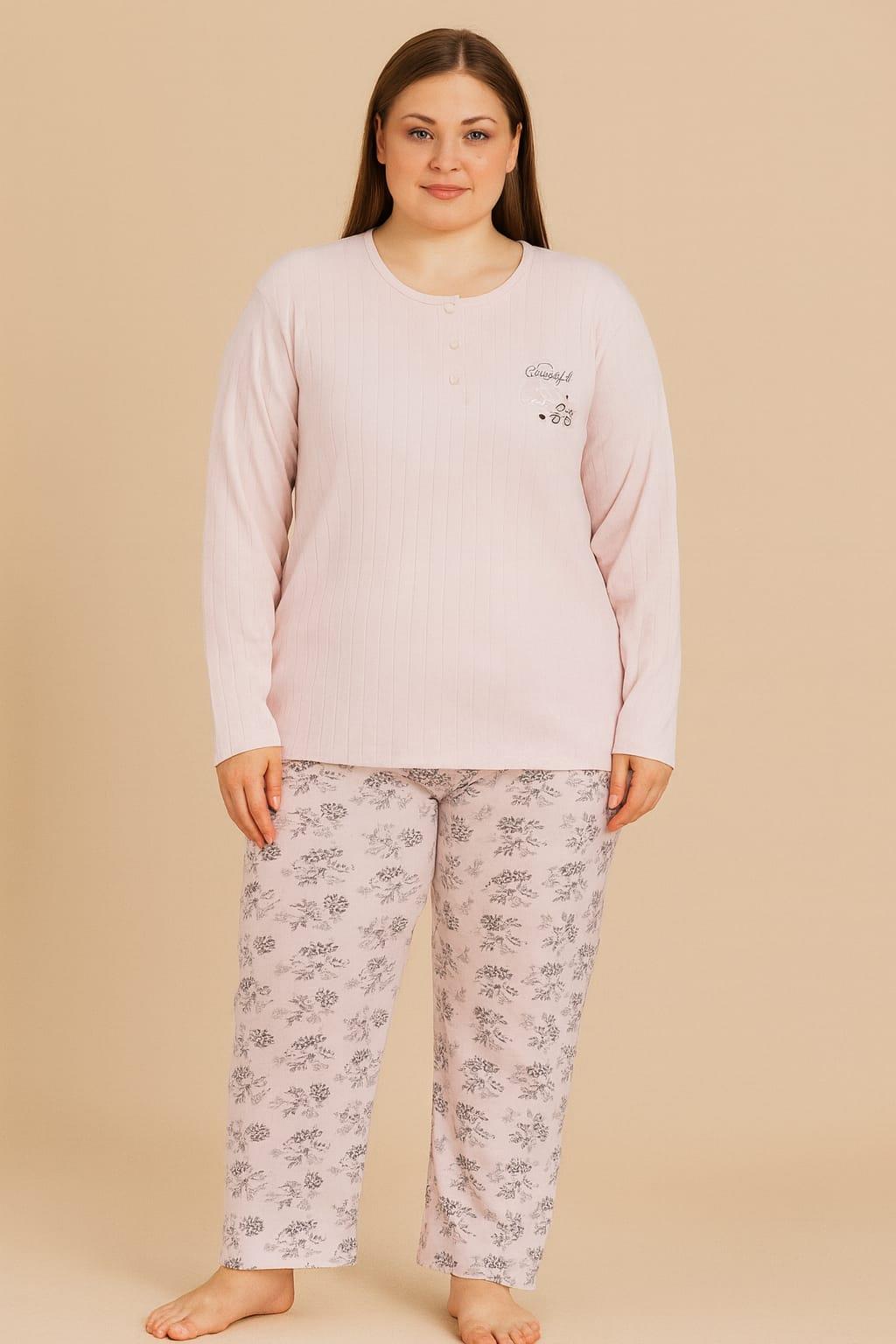 Kadın Büyük Beden 05150 % 100 Pamuk Raporlu İnterlok Pijama Takımı SOMON
