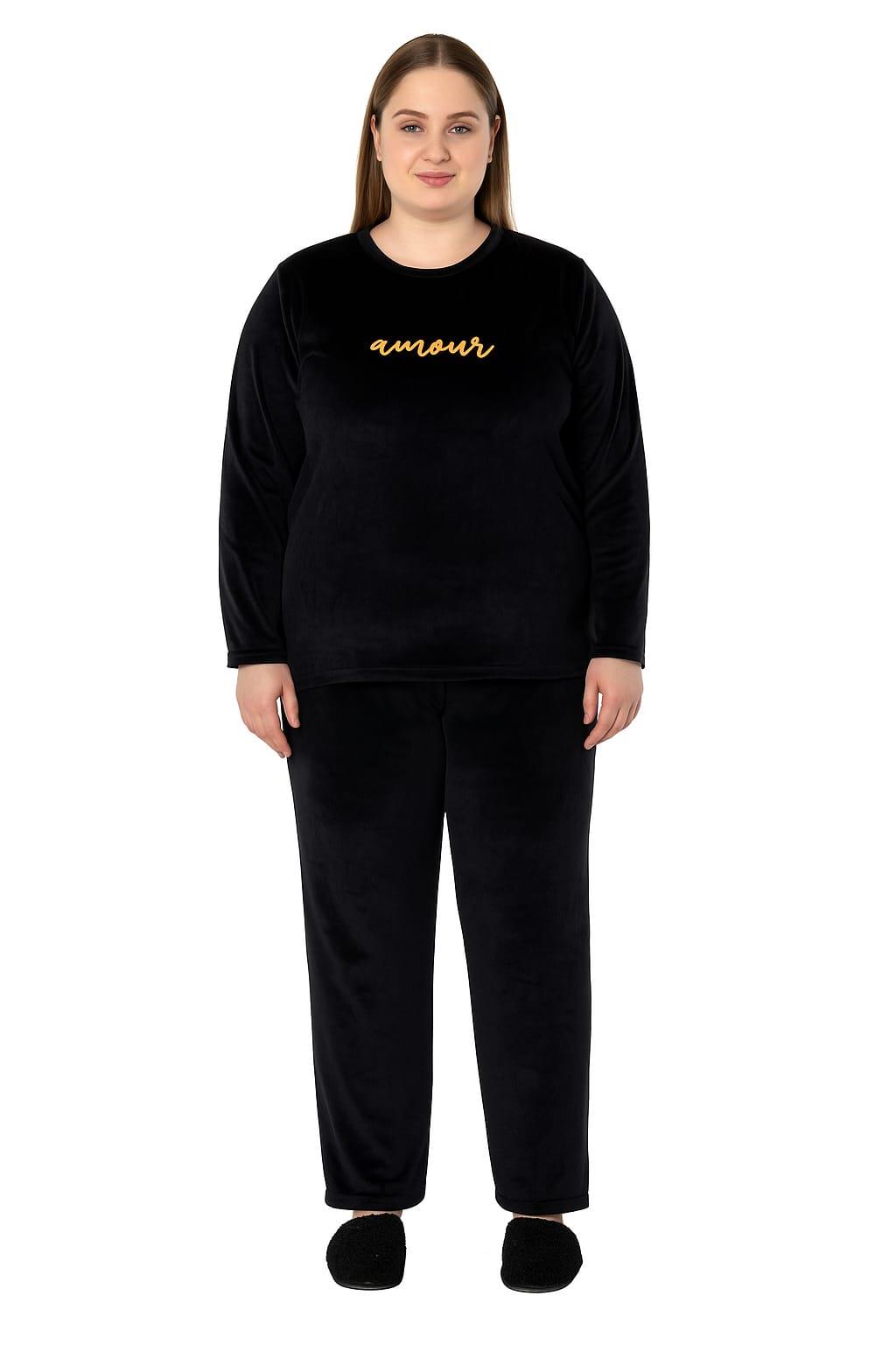 Kadın Büyük Beden 13213 Kadife Pijama Takımı SİYAH