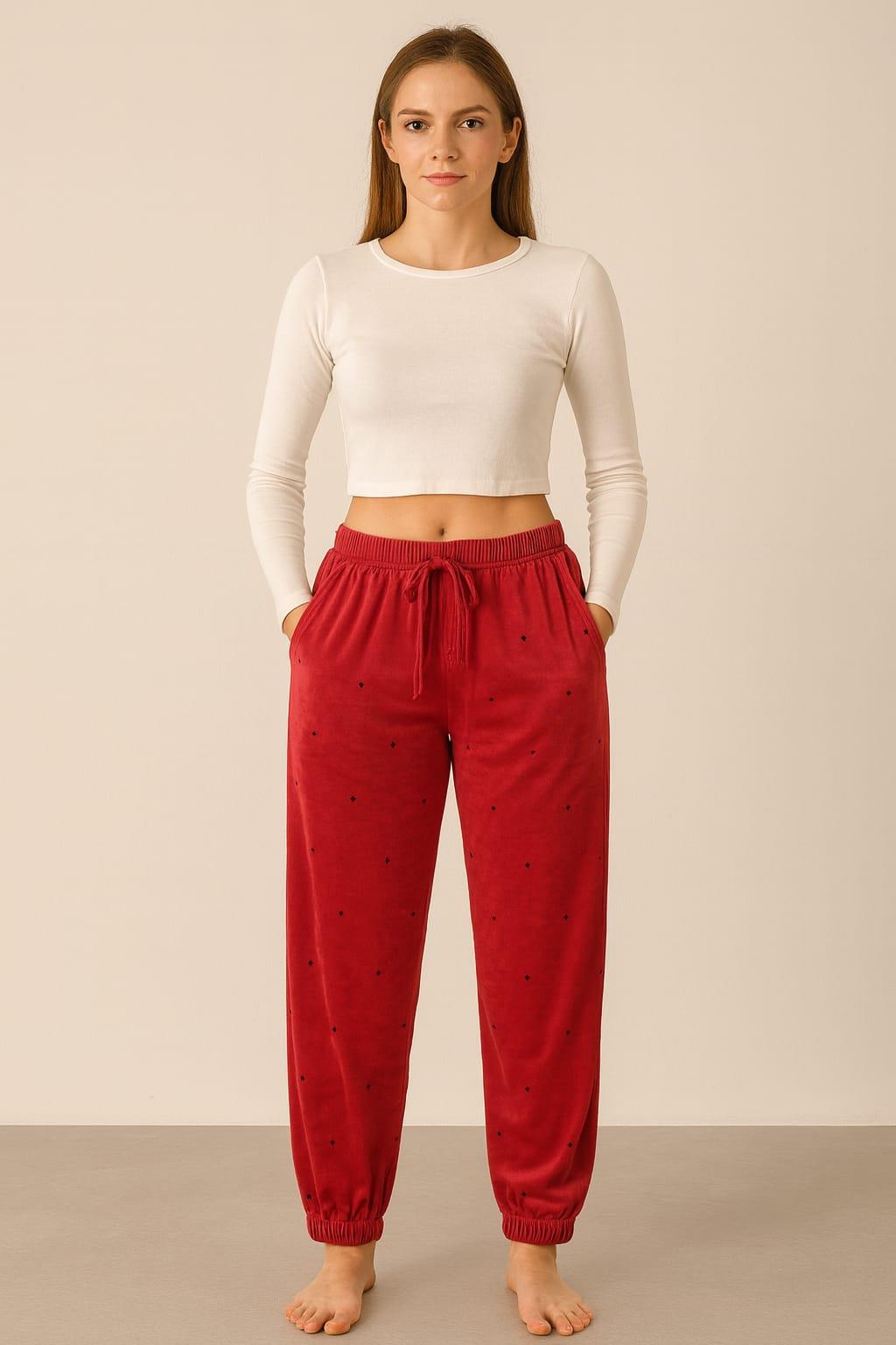 Kadın Cepli Paça Lastikli Kadife Tek Alt KIRMIZI