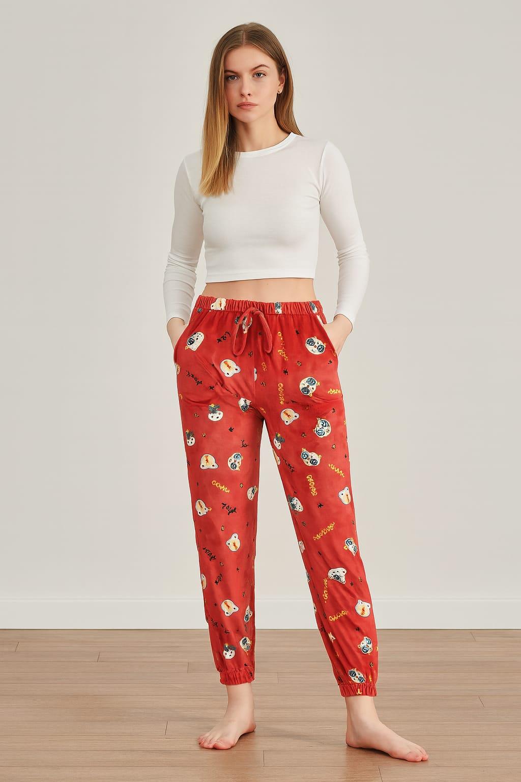 Kadın Cepli Paça Lastlikli Kadife Tek Alt MERCAN