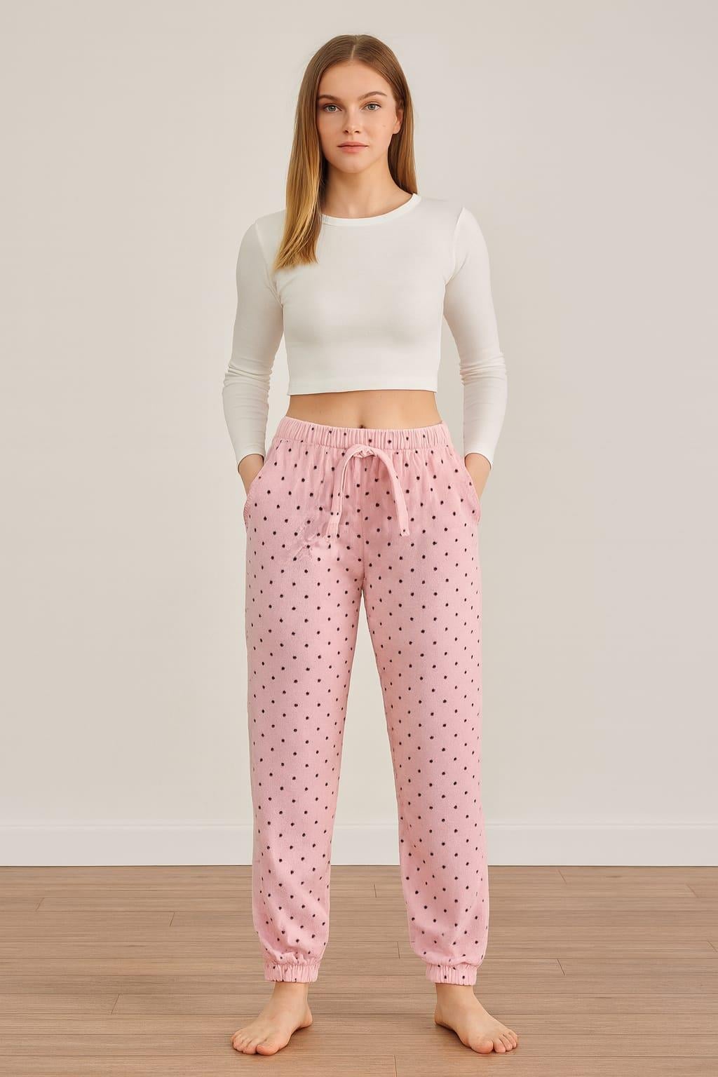 Kadın Cepli Puantiyeli Paça Lastlikli Kadife Tek Alt PEMBE