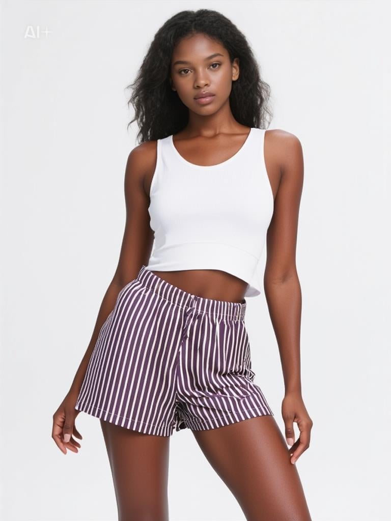 Kadın Çizgili Likralı Şort MOR