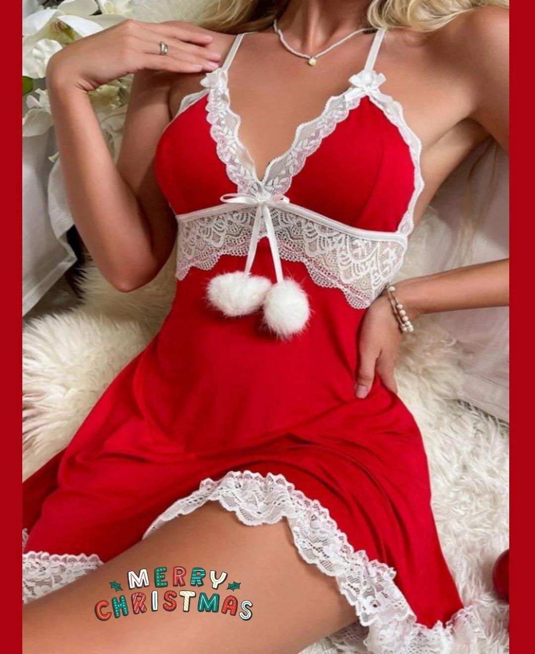 Kadın Dantel Detaylı Yılbaşı Christmas Fantezi Gecelik KIRMIZI