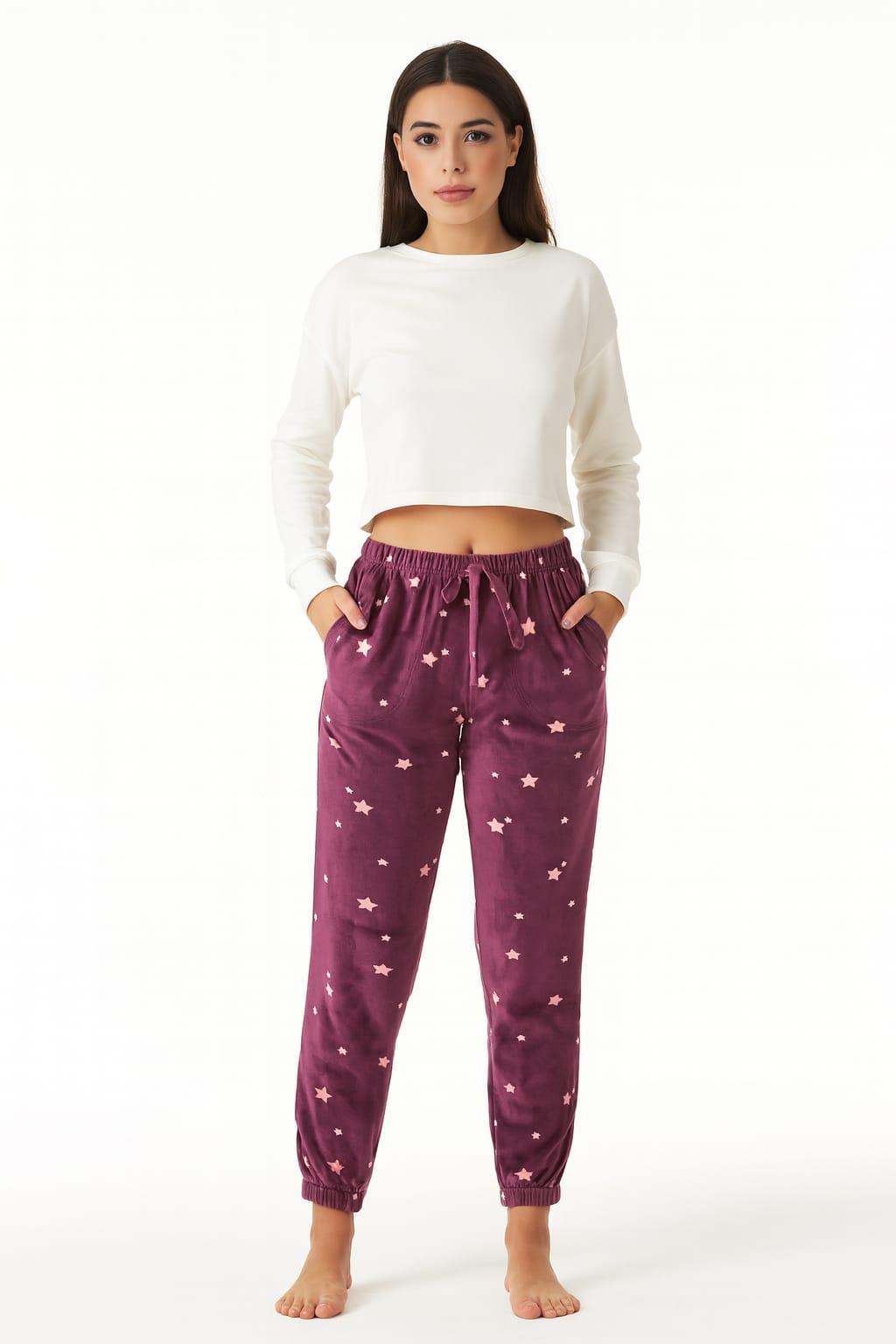 Kadın Yıldız Desenli Cepli Paça Lastlikli Kadife Tek Alt MOR