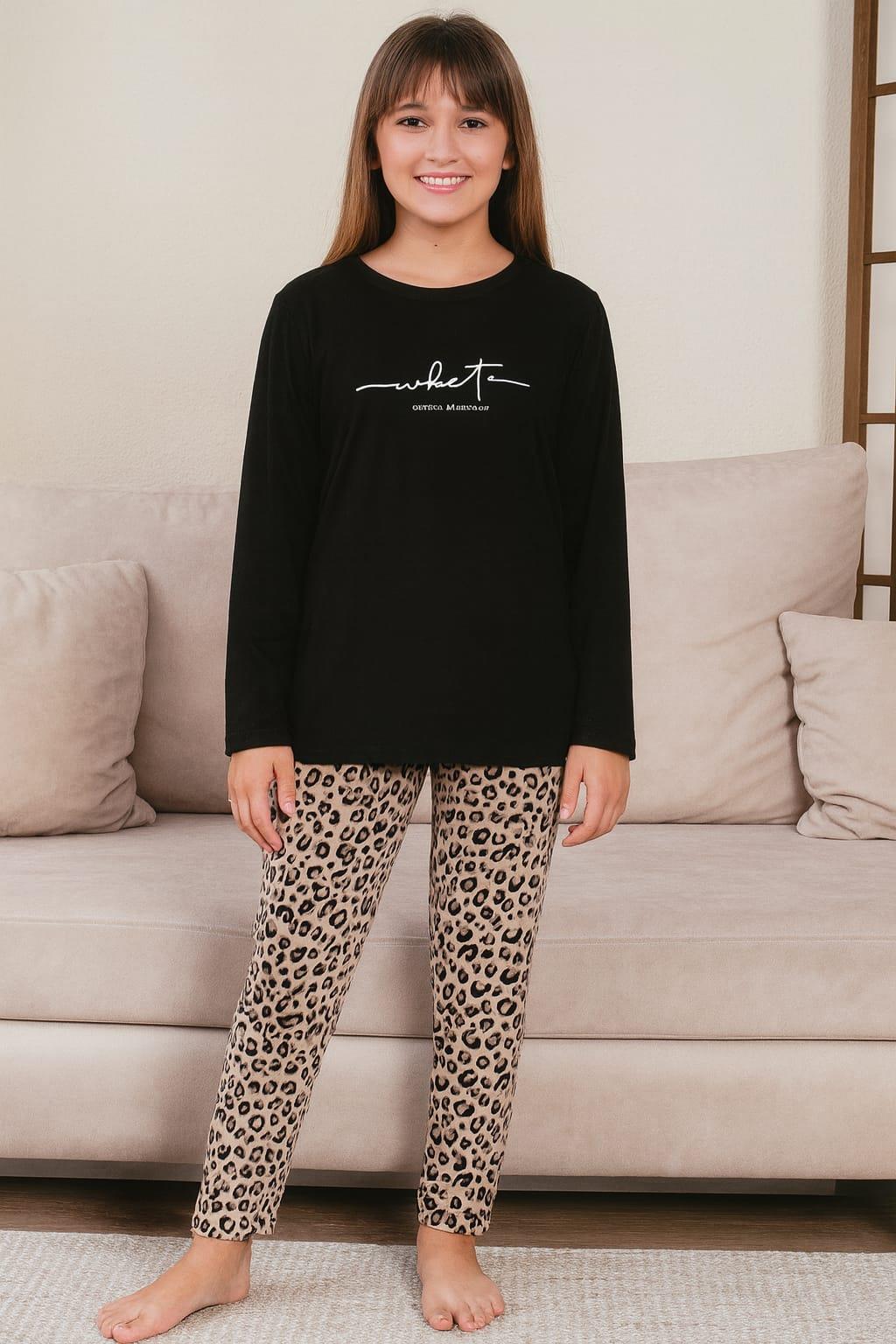 Kız Çocuk 15295 Desenli Uzun Kol Milan Pijama Takımı SİYAH