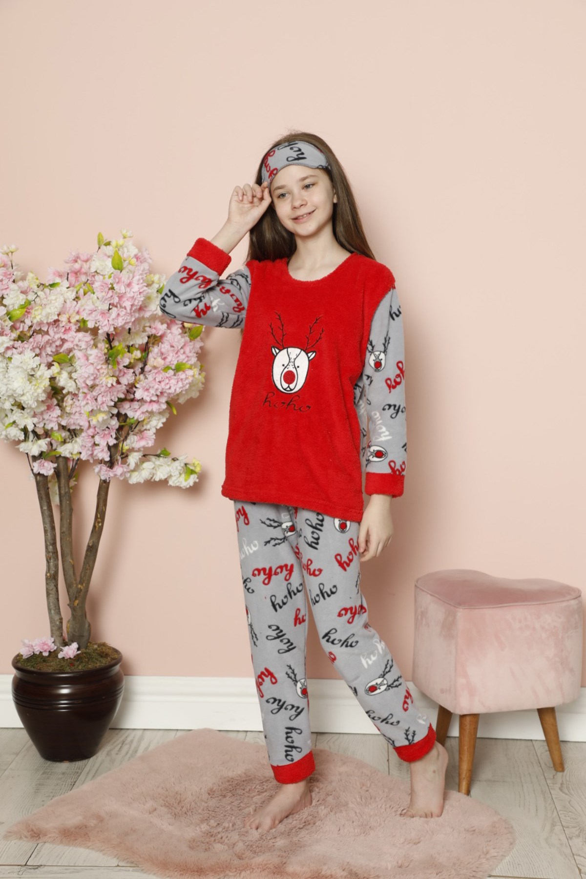 Kız Çocuk 2058 Geyik Desenli Polar Pijama Takım KIRMIZI