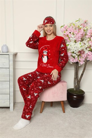 Kadın 1158-1 Patikli Göz Bantlı Polar Pijama Takımı KIRMIZI