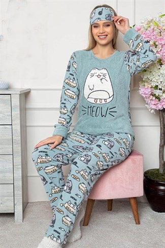 Kadın 1159-1 Patikli Göz Bantlı Polar Pijama Takımı ÇAĞLA