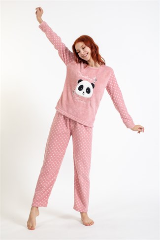 Kadın 4122 Panda Desenli Polar Pijama Takımı PEMBE