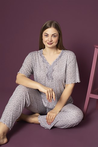 Kadın Büyük Beden 4147 Çiçekli Düğmeli Pijama Takım VİZON