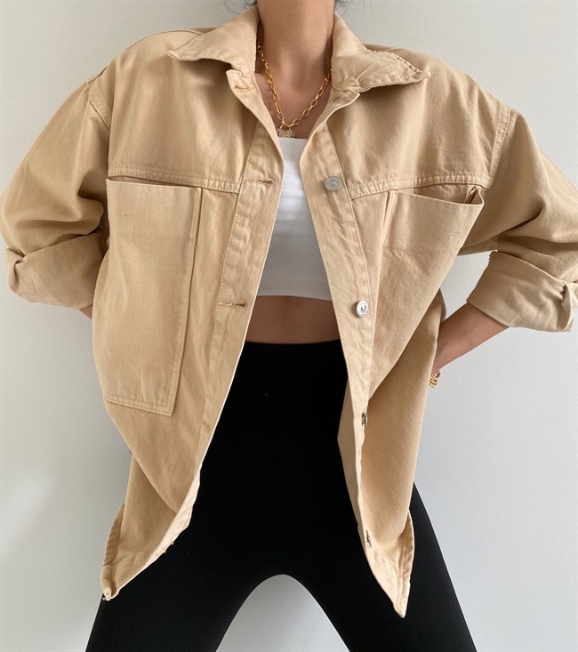 Bej Büyük Cepli Oversize Ceket