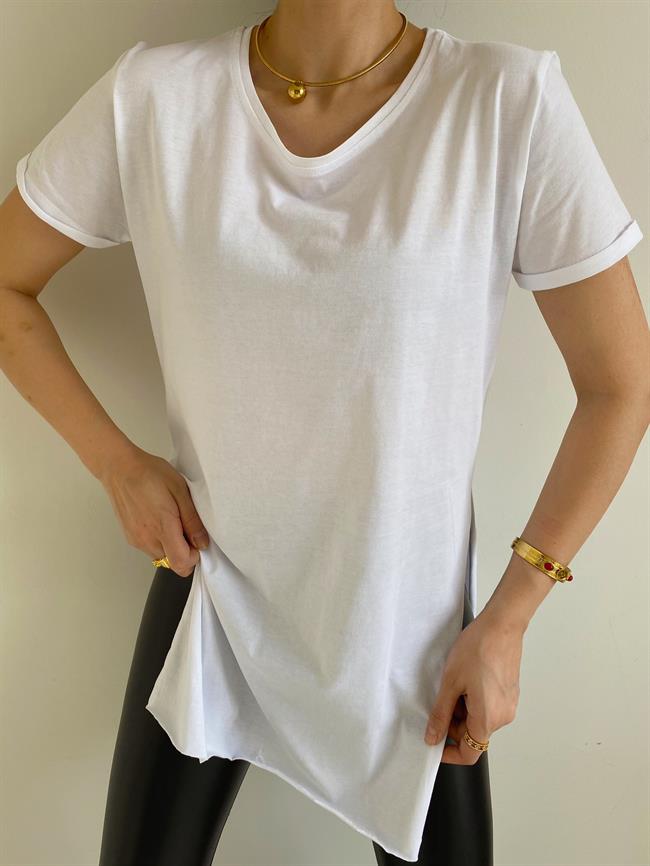 Beyaz Yırtmaçlı Lady Basic Tişört