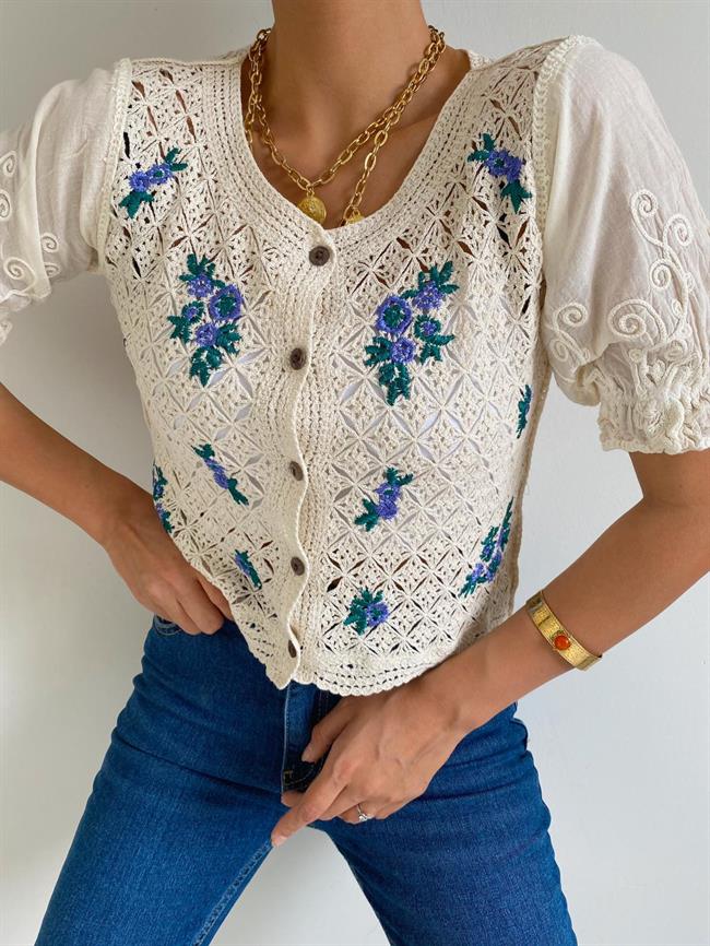 Krem Mor Çiçekli Vintage Bluz