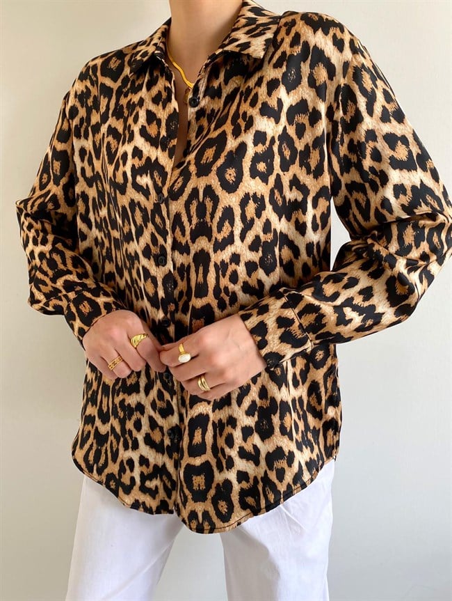Leopar Desenli Saten Gömlek