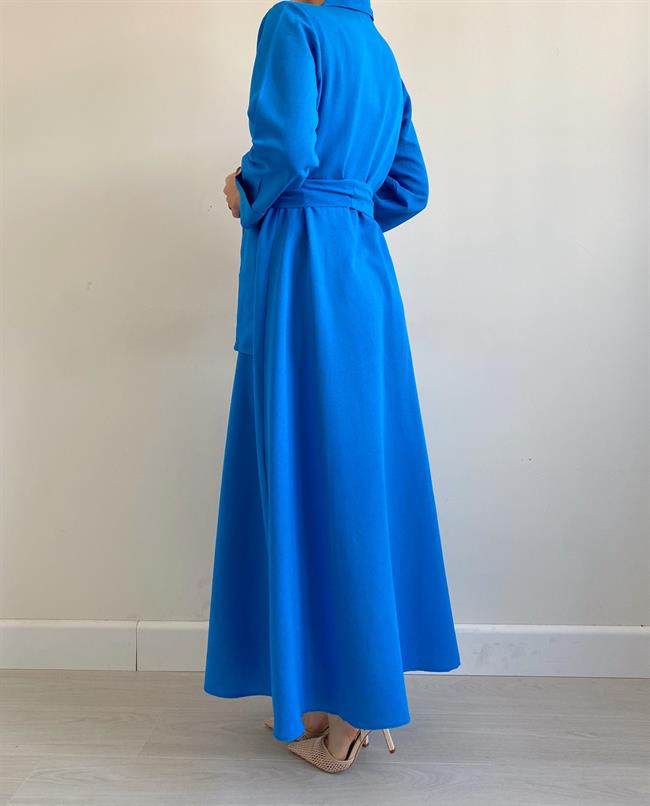 Mavi Kuşaklı Azelya Elbise