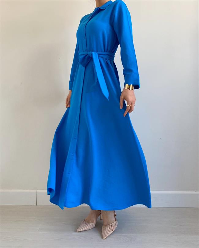 Mavi Kuşaklı Azelya Elbise