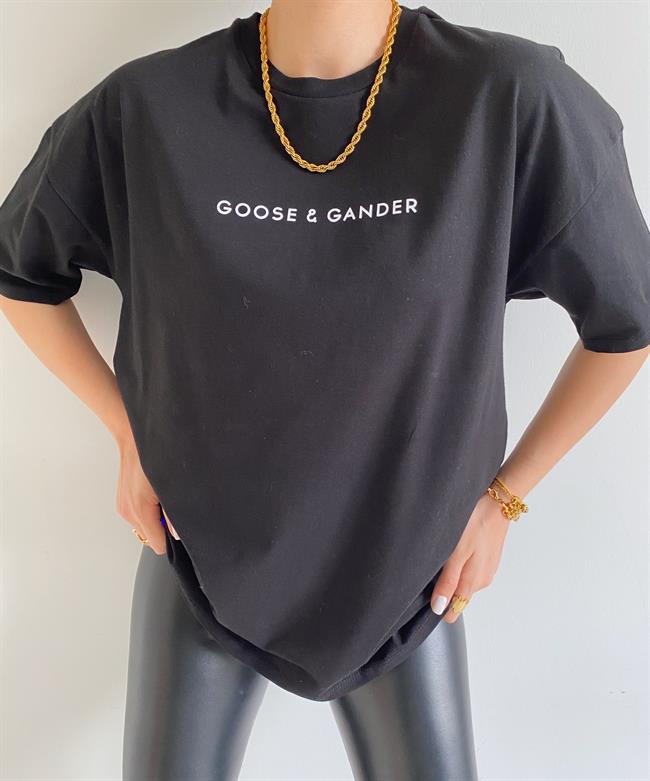 Siyah Goose Gander Yazılı Tişört