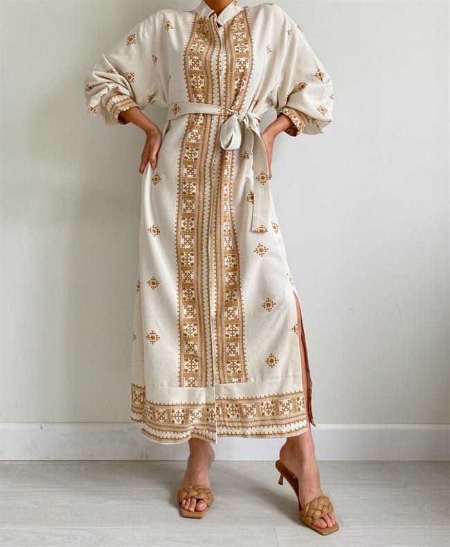 Taş Rengi Camel Desenli Elbise