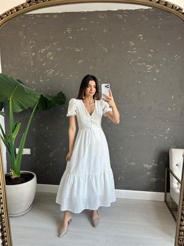 Beyaz Vatkalı Hilda Elbise