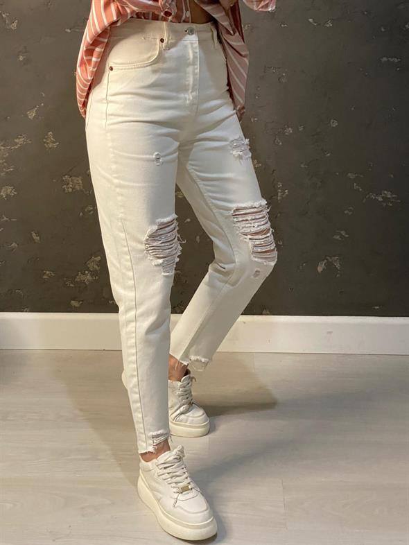 Ekru Yırtıklı Mom Jean
