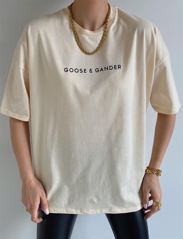 Krem Goose Gander Yazılı Tişört