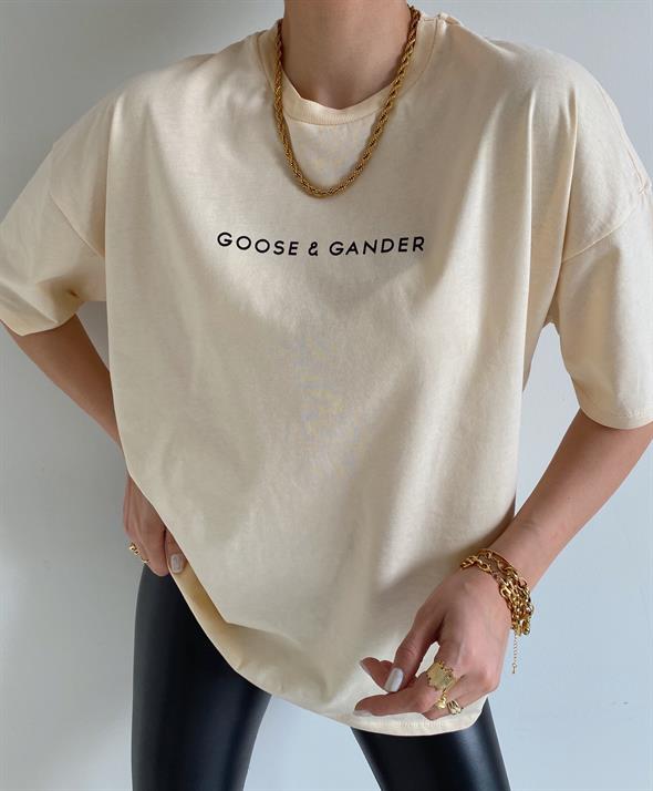 Krem Goose Gander Yazılı Tişört