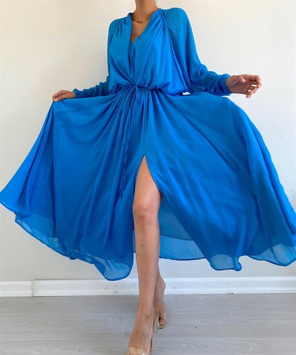 Mavi Yarasa Kol Şifon Elbise