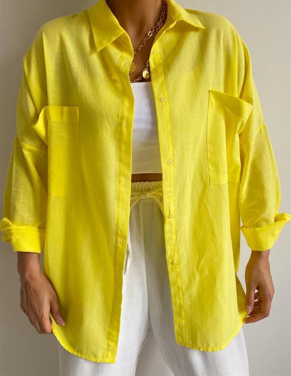 Sarı Oversize Lena Keten Gömlek